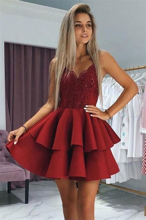 Buy Cute Burgundy V Neck Spaghetti Straps Above Knee Short Homecoming