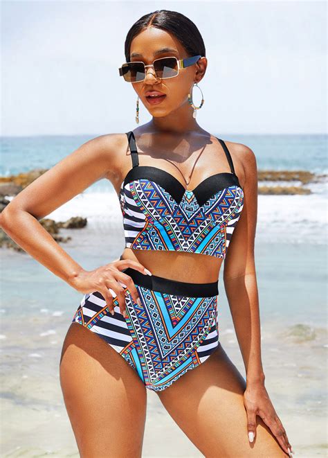 Tribal Print High Waisted Wide Strap Bikini Set Rosewe USD 20 98