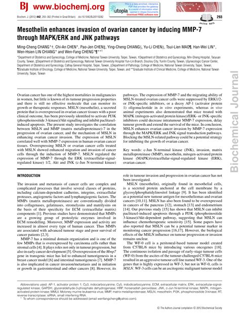 Pdf Mesothelin Enhances Invasion Of Ovarian Cancer By Inducing Mmp 7