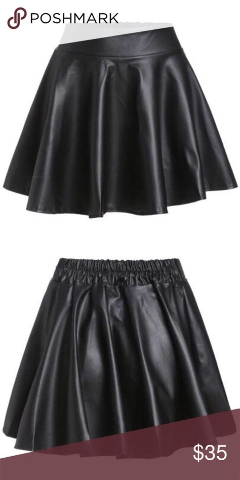 Black Faux Leather Elastic Waist Flare Skirt Flare Skirt Skirts