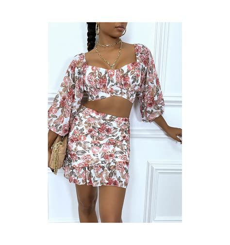 Ensemble Crop Top Jupe Fleuri Blanc Volant