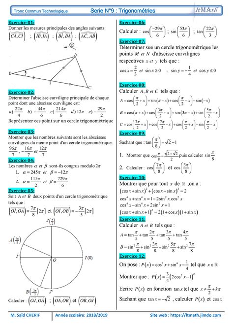 Serie Trigonometrie Tronc Commun Technologique Serie N°9 Trigonométries M SaÔd Cherif AnnÈe