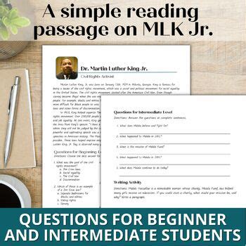 Adult Esl Martin Luther King Jr Reading Comprehension Passage Activities