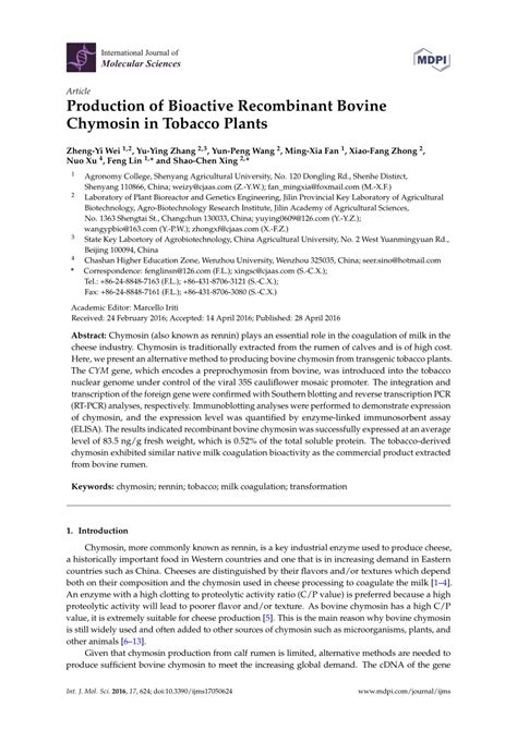 (PDF) Production of Bioactive Recombinant Bovine Chymosin in Tobacco Plants