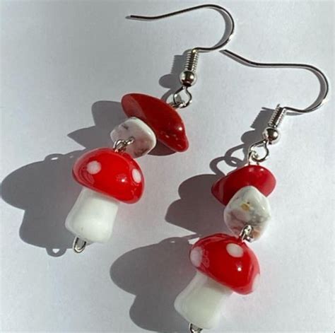 Mushroom Dangle Earrings With Beads Etsy