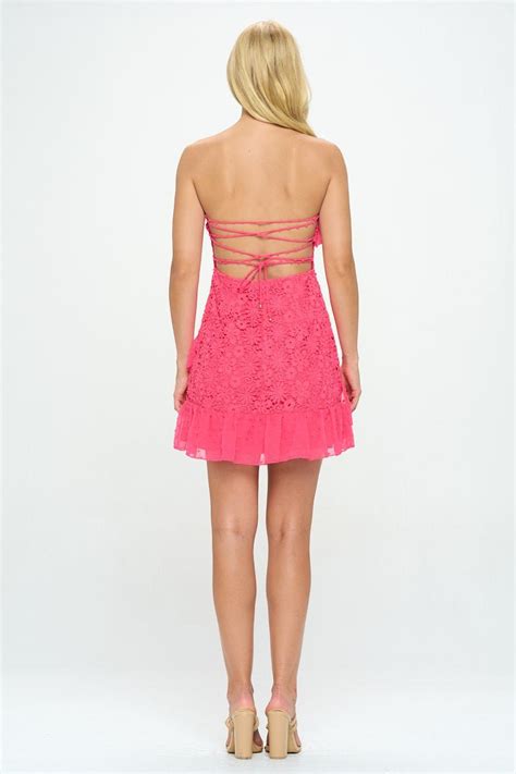 Hot Pink Lace Strapless Dress Ruffle Dress Boho Pink