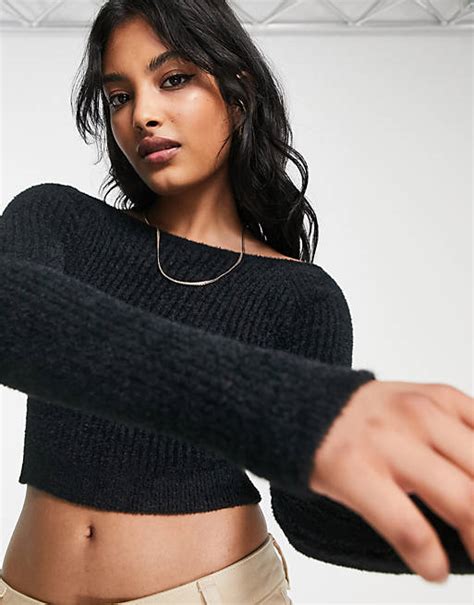 Asos Design Crop Jumper In Fluffy Yarn In Black Asos