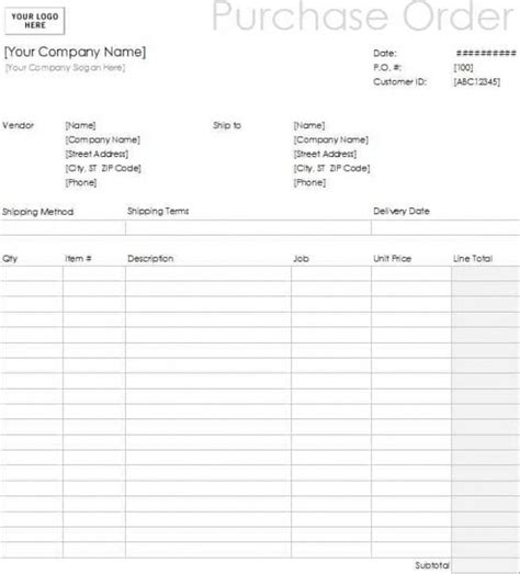 Editable Generic Purchase Order Template Word Sample In Purchase