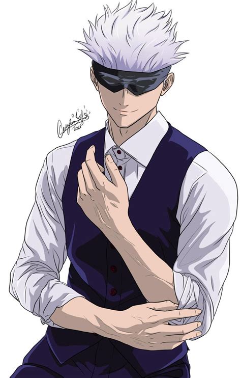 An Anime Character With White Hair And Glasses Holding His Hands In