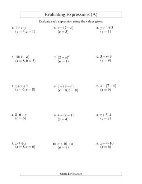 Math Drills Evaluating Expressions