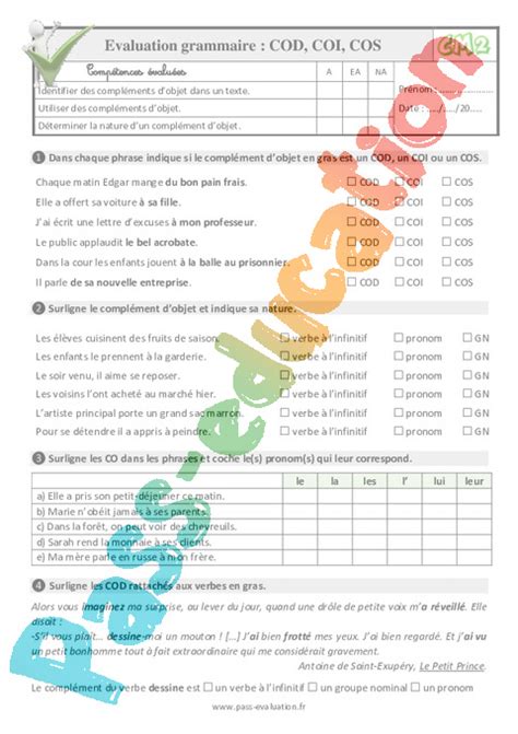 Les compléments d objet Fiches COD COI COS Examen Evaluation