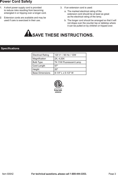 Harbor Freight Desktop Magnifying Lamp Product Manual