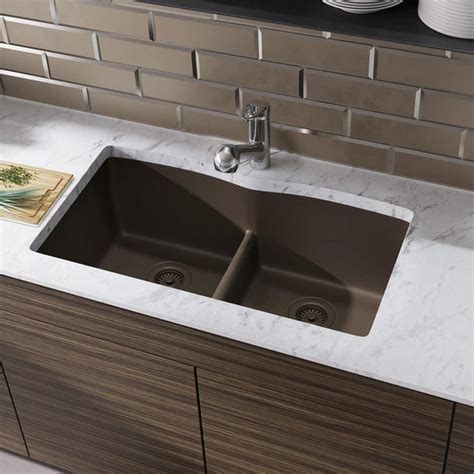 Rene 33" Composite Granite Kitchen Sink, 50/50 Double Bowl, Umber, R3 ...