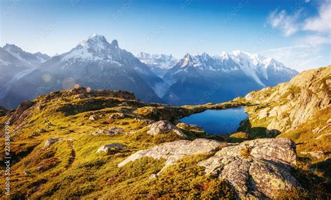 Views of the Mont Blanc glacier with Lac Blanc. Location Nature Reserve