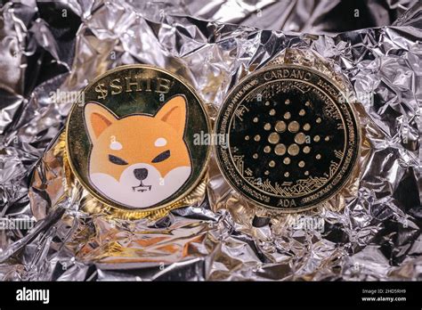 Shiba Inu And Ada Cryptocurrency Physical Coins In Front Of An