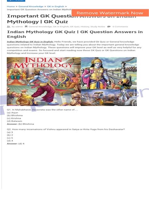 Important Gk Question Answers On Indian Mythology Gk Quiz Pdf