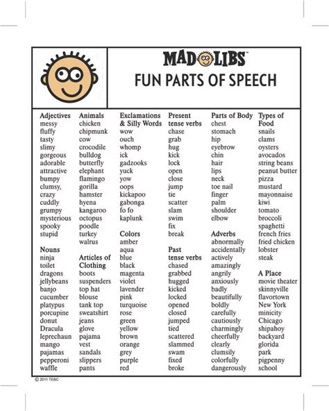 Mad Libs Cheat Sheet