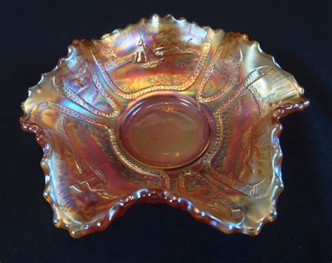 Fenton Sailboats Marigold Carnival Glass Bowl Vintage Lake Scenes And Orange Tree Serving Dish Etsy