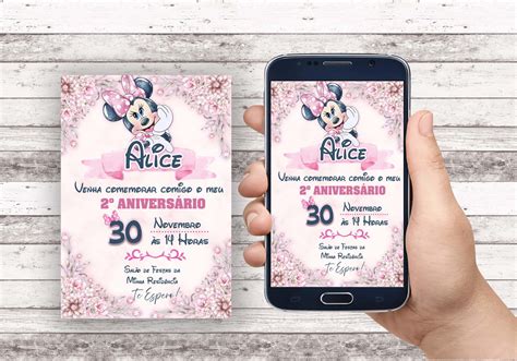 Convite Virtual Minnie Rosa Aquarela Elo Produtos Especiais