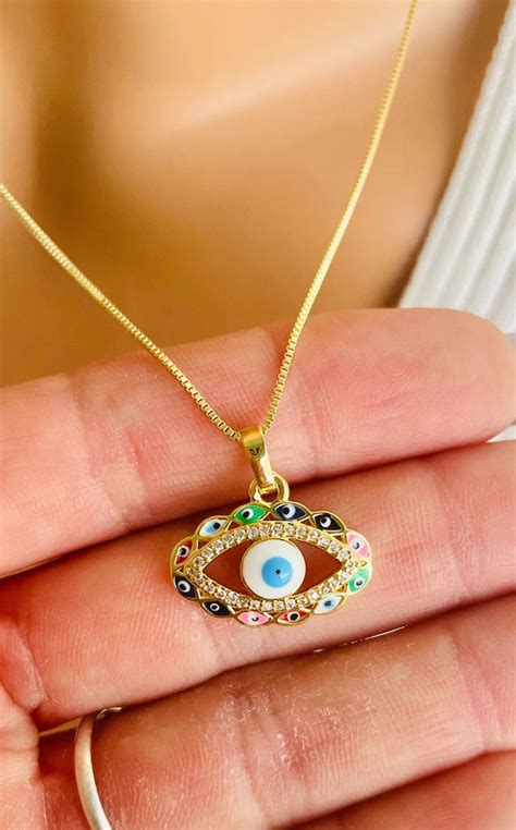 Gold Evil Eye Necklace Colorful Evil Eye Charm Necklaces Etsy