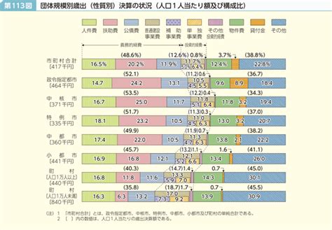 第113図 団体規模別歳出（性質別）決算の状況（人口1人当たり額及び構成比） 白書・審議会データベース検索結果一覧