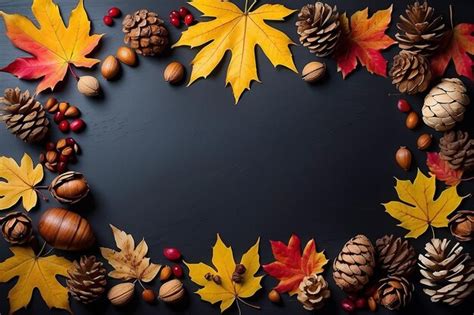 Hojas de otoño coloridas nueces y piñones doble borde sobre un fondo de