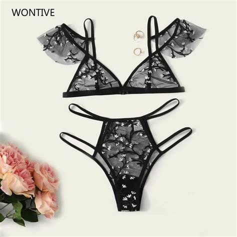 Hot Women Sexy Underwear Set Floral Embroidery Sheer Mesh Lingerie Set