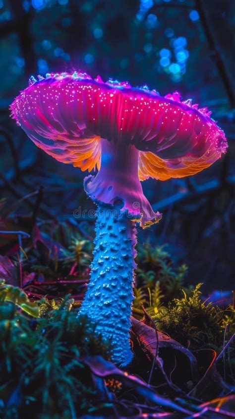 Illuminated Blue And Pink Mushroom In A Mystical Forest Stock Image