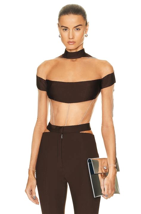 Mugler Long Sleeve Bodysuit In Chocolate Nude 01 FWRD