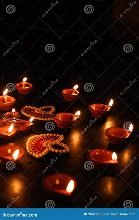 Diyatraditional Divali Indian Festival Happy Diwali Diya Lamps Lit