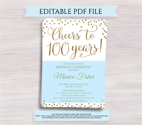 Editable 100th Birthday Party Invitation Template Cheers To Etsy