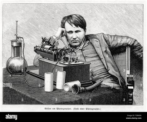 Thomas Edison (1847-1931), engraving, listening to the Edison Phonograph, from Stein der Weisen ...