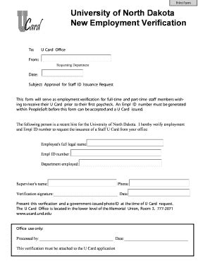 Fillable Online Und C061 EVF Employment Verification Form 07 01 12 Doc