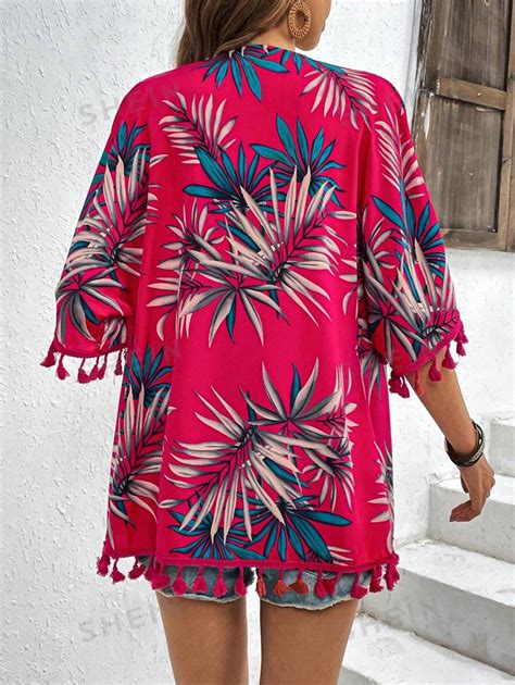 Shein Vcay Kimono De Verano Con Borlas Y Estampado Tropical Para La