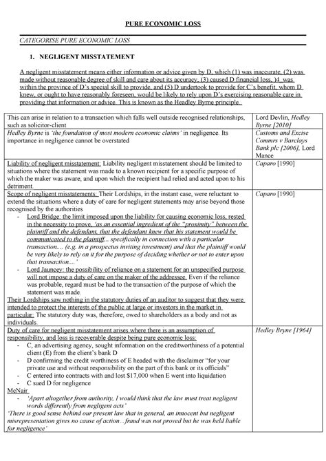 4 Negligence Pure Economic Loss Notes Pure Economic Loss