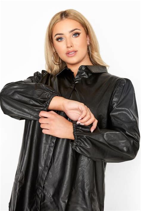 Black Leather Look Puff Sleeve Shirt Yours Clothing