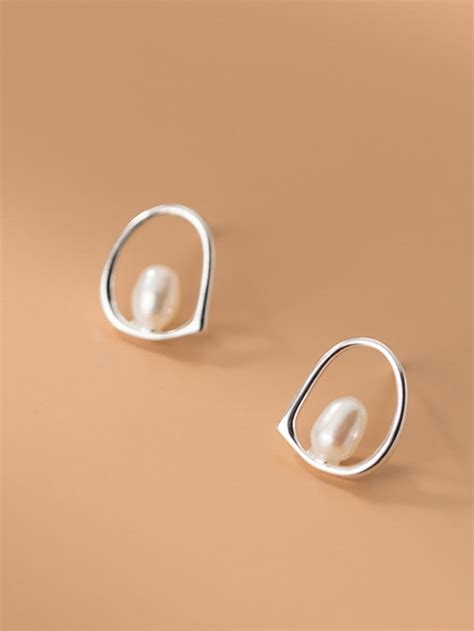 Sterling Silver Imitation Pearl Geometric Minimalist Stud Earring