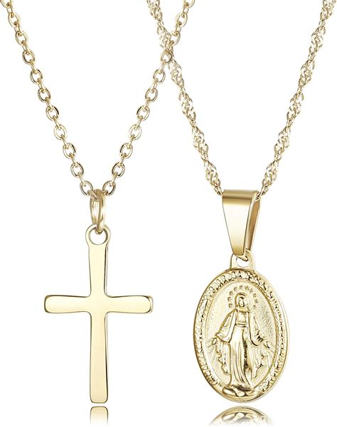 Finrezio 14K Gold Plated Catholic Christian Jewelry Cross And Virgin