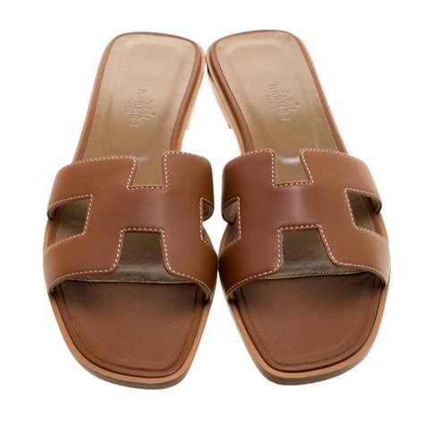 Hermes Brown Leather Oran Flat Sandals Size 39 Hermes Tlc