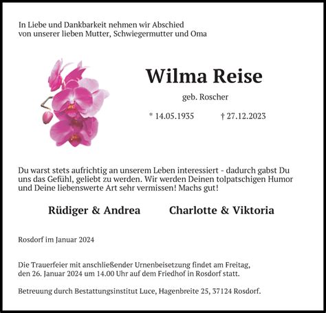 Traueranzeigen Von Wilma Reise Trauer Anzeigen De