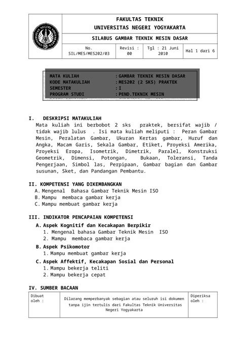 Doc Silabus Gambar Teknik Mesin Dasar Doc Dokumen Tips