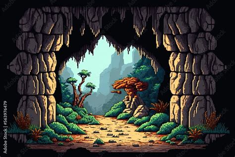 Pixel art cave entrance, natural tunnel with rocks, trees and ...