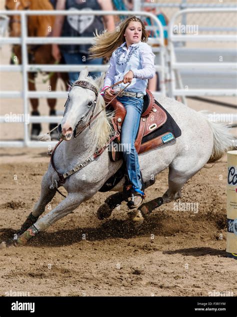 Rodeo Cowgirl On Horseback Competing In Barrel Racing Event Chaffee