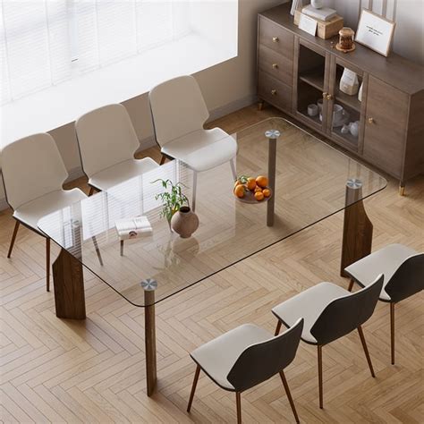 Rectangle Glass Dining Table For Person Walnut Solid Wood Legs