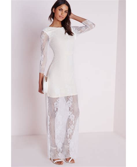 Missguided Lace Long Sleeve Maxi Dress White In White Lyst