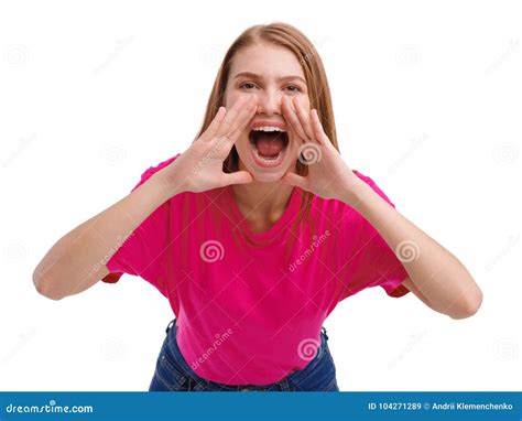 The Girl In The Pink Loudly Screams Wide Open Mouth And Holds Her