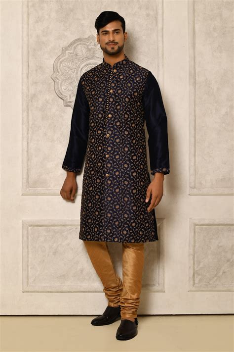 Buy Blue Kurta Dupion Embroidered Floral And Churidar Set For Men By