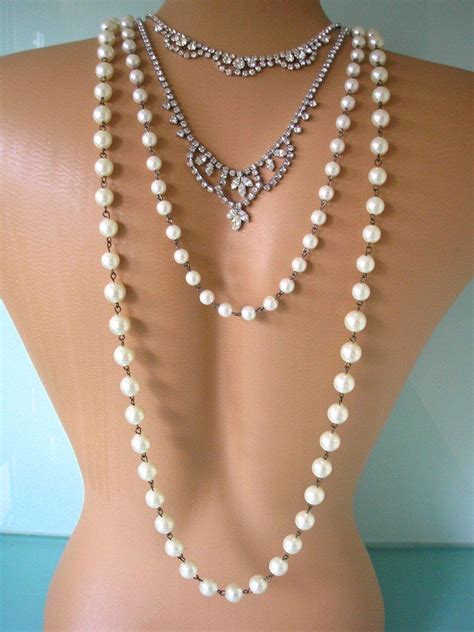 Bridal Backdrop Necklace Art Deco Style Long Pearl Necklace Upcycled