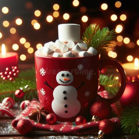 Red Mug With Hot Chocolate With Melted Marshmallow Snowman Stock Illustration Illustration Of