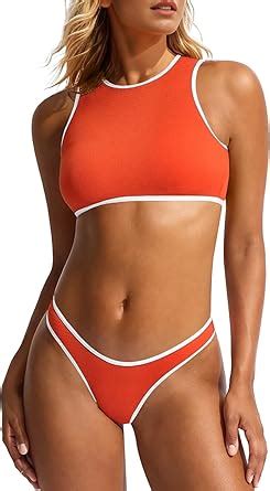 Amazon Saodimallsu High Neck Swimsuits For Women Color Block Bikini Sets Cutout Crop Top